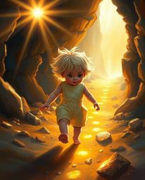 A vibrant painting captures a child with fair skin and blonde hair embarking on a magical adventure.  They follow a trail of 