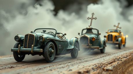 Experience a bizarre and captivating racing spectacle showcasing outlandish cars meticulously cast in bronze.  The scene exud