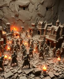 Explore a mesmerizing clay art battlefield depicting time-warped soldiers amidst crumbling buildings, illuminated by the warm