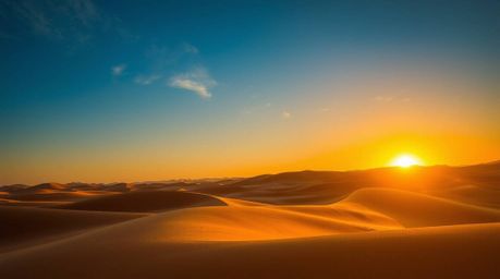 Experience the captivating beauty of a vibrant sunset over golden desert dunes.  This breathtaking landscape features contras