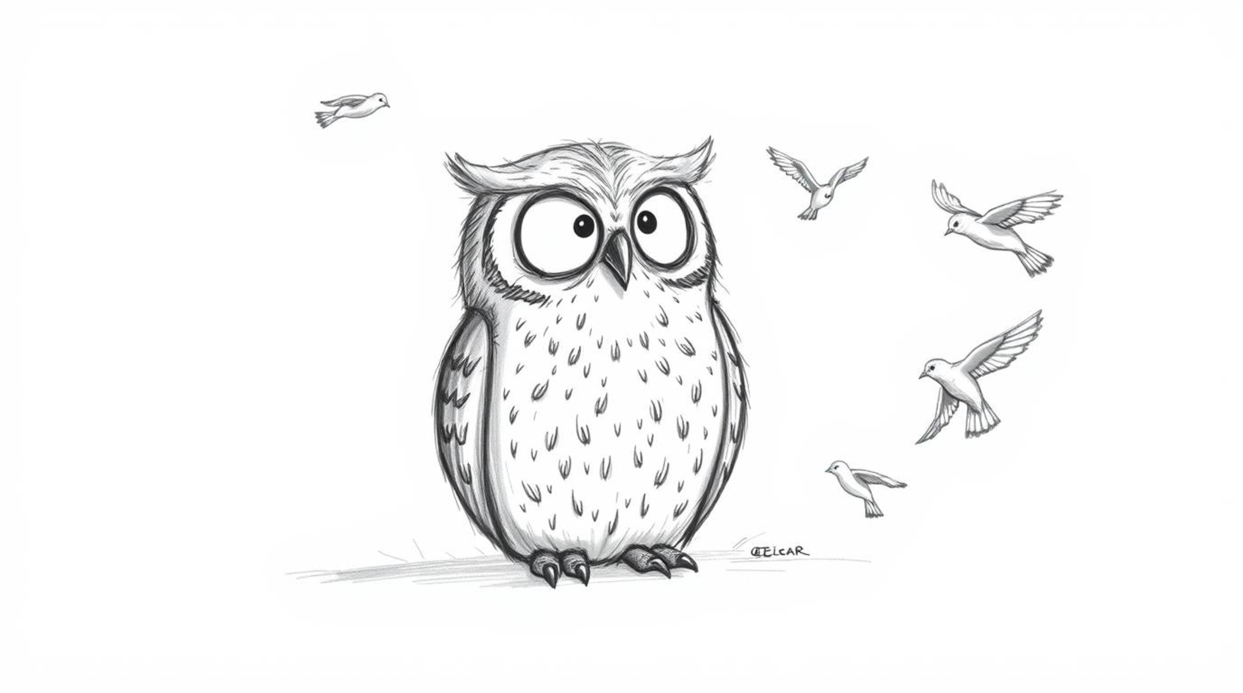 A captivating hand-drawn sketch in the style of Pixar featuring a blind owl rendered with textured pencil strokes and rough l