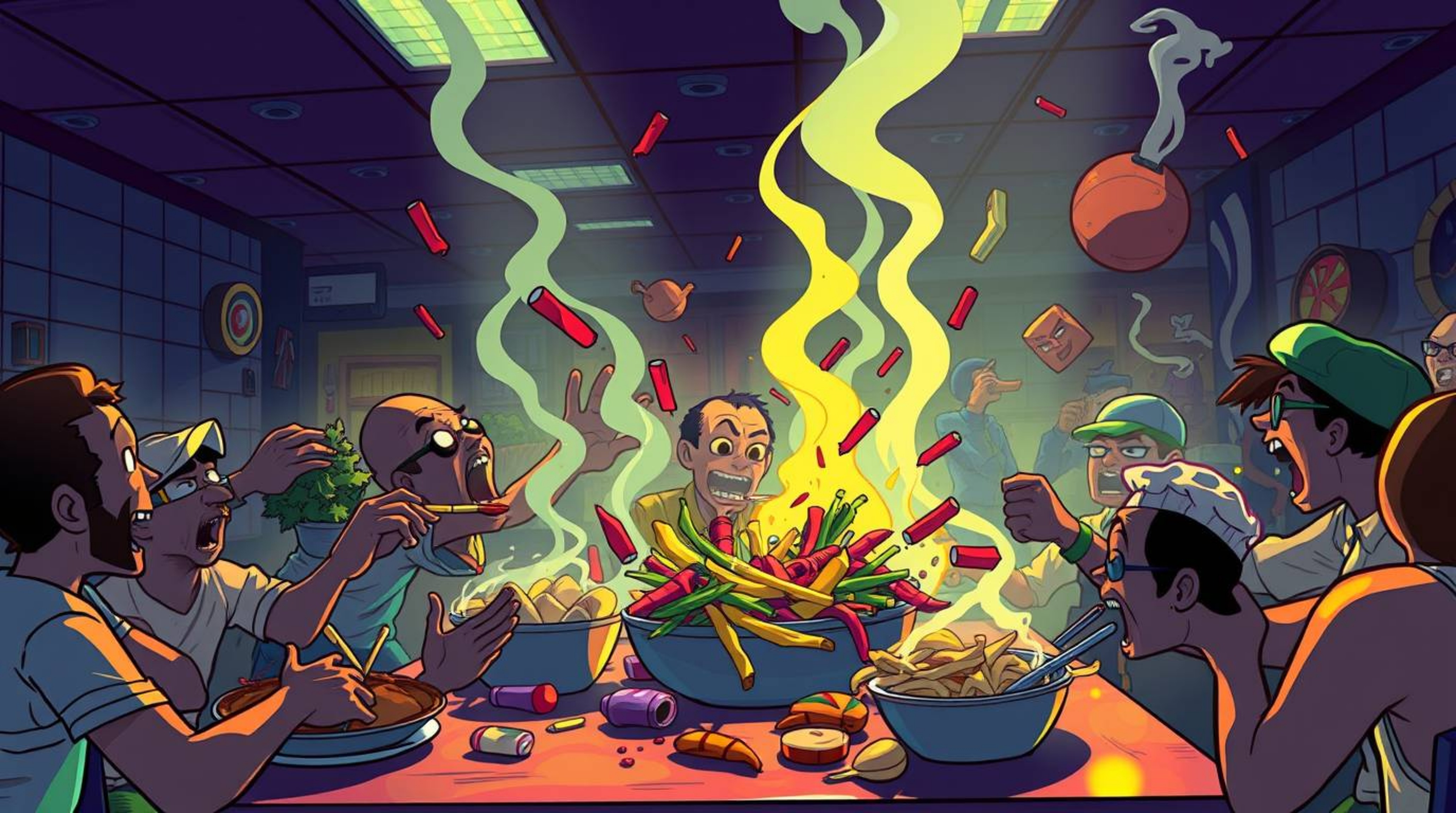 Experience the chaos of a wild food fight erupting in a cartoon cafeteria, depicted in a striking high-contrast style. Irides