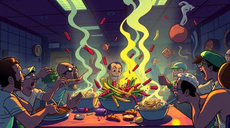 Experience the chaos of a wild food fight erupting in a cartoon cafeteria, depicted in a striking high-contrast style. Irides