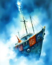 Discover a delicate watercolor painting depicting an underwater shipwreck, bathed in translucent washes and fluid brushstroke