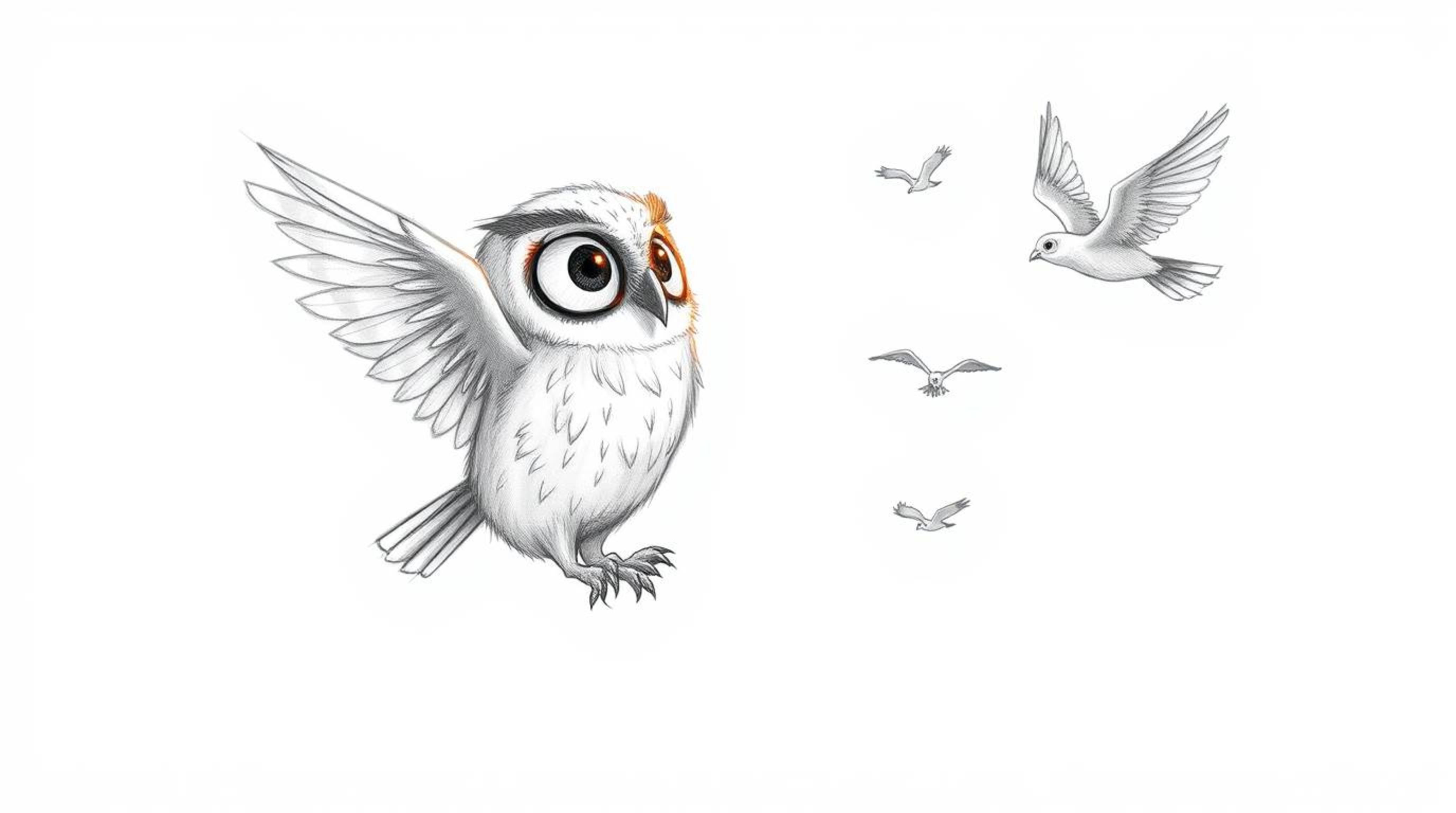 A heartwarming hand-drawn sketch in the style of Pixar depicts a blind owl, its feathers glowing with sunlight, patiently tea