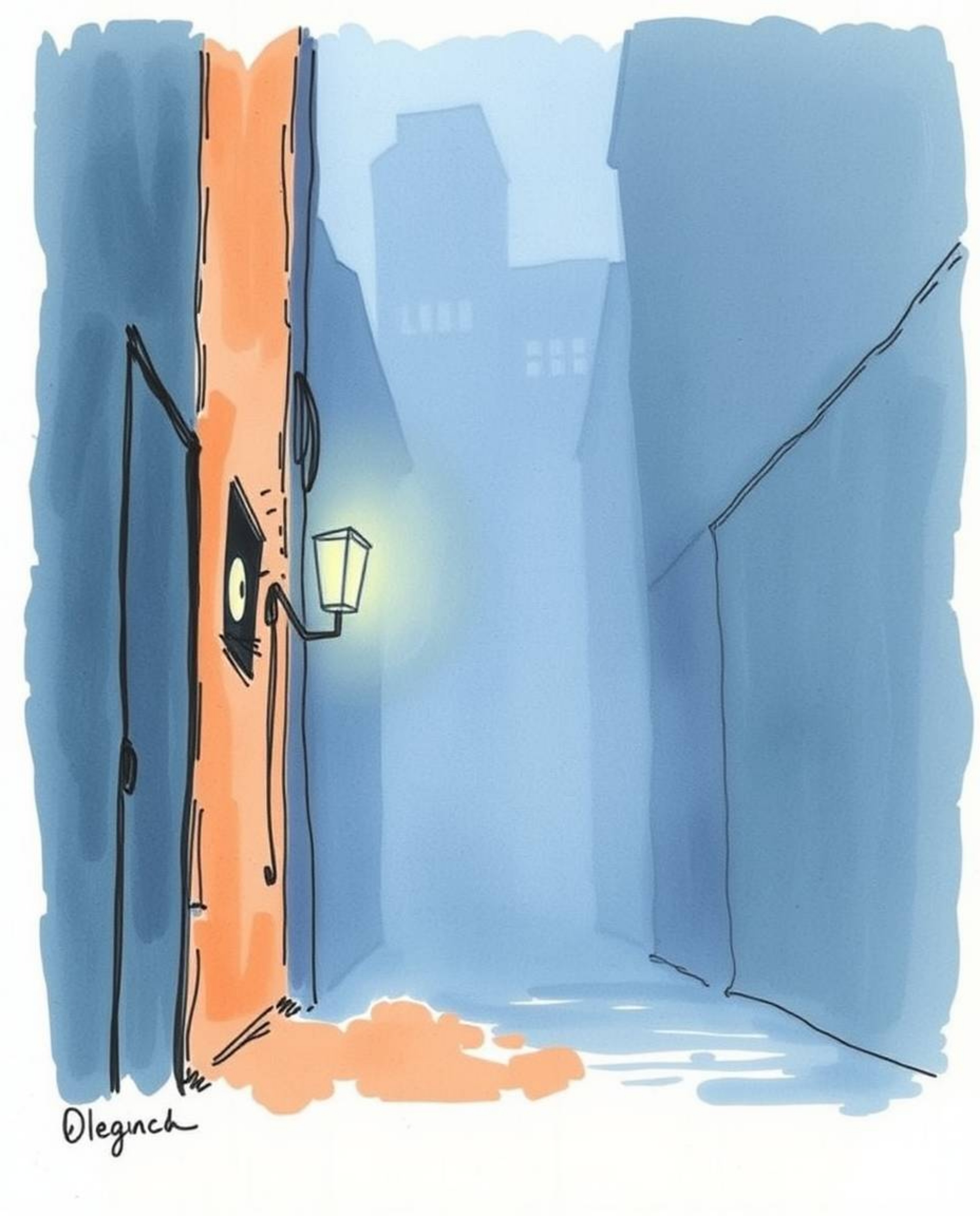 A hand-drawn color sketchnote captures the suspenseful scene of eyes watching from a shadowy alley at night. Thick fog obscur
