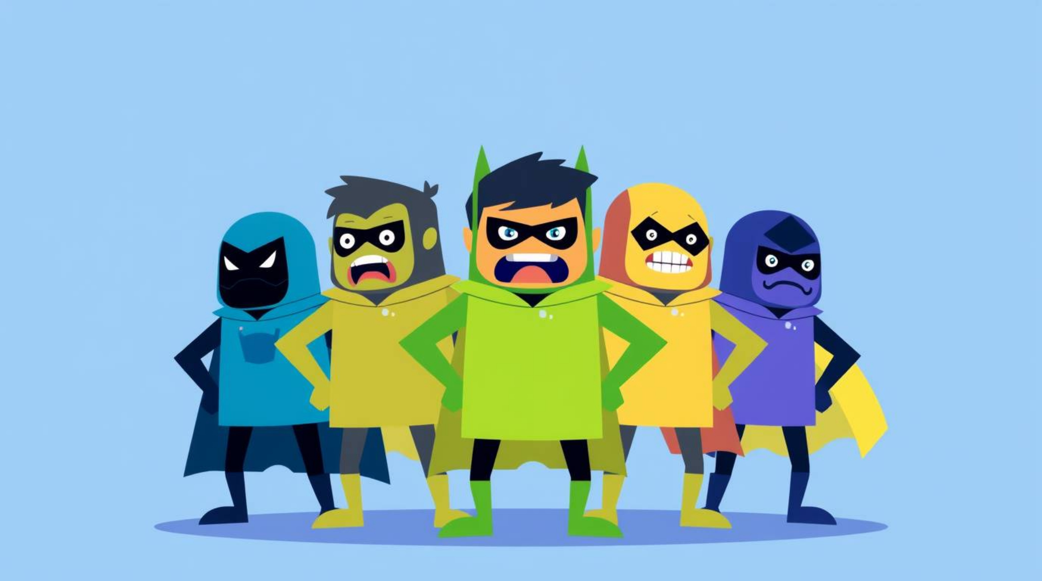 A captivating modern flat design illustration depicts a team of misfit heroes uniting.  The artwork utilizes simple 2D shapes