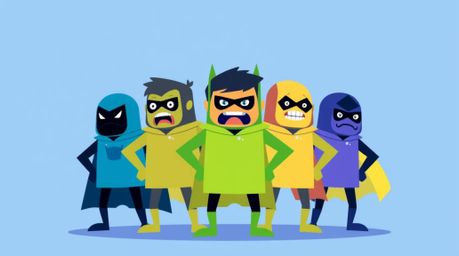 A captivating modern flat design illustration depicts a team of misfit heroes uniting.  The artwork utilizes simple 2D shapes