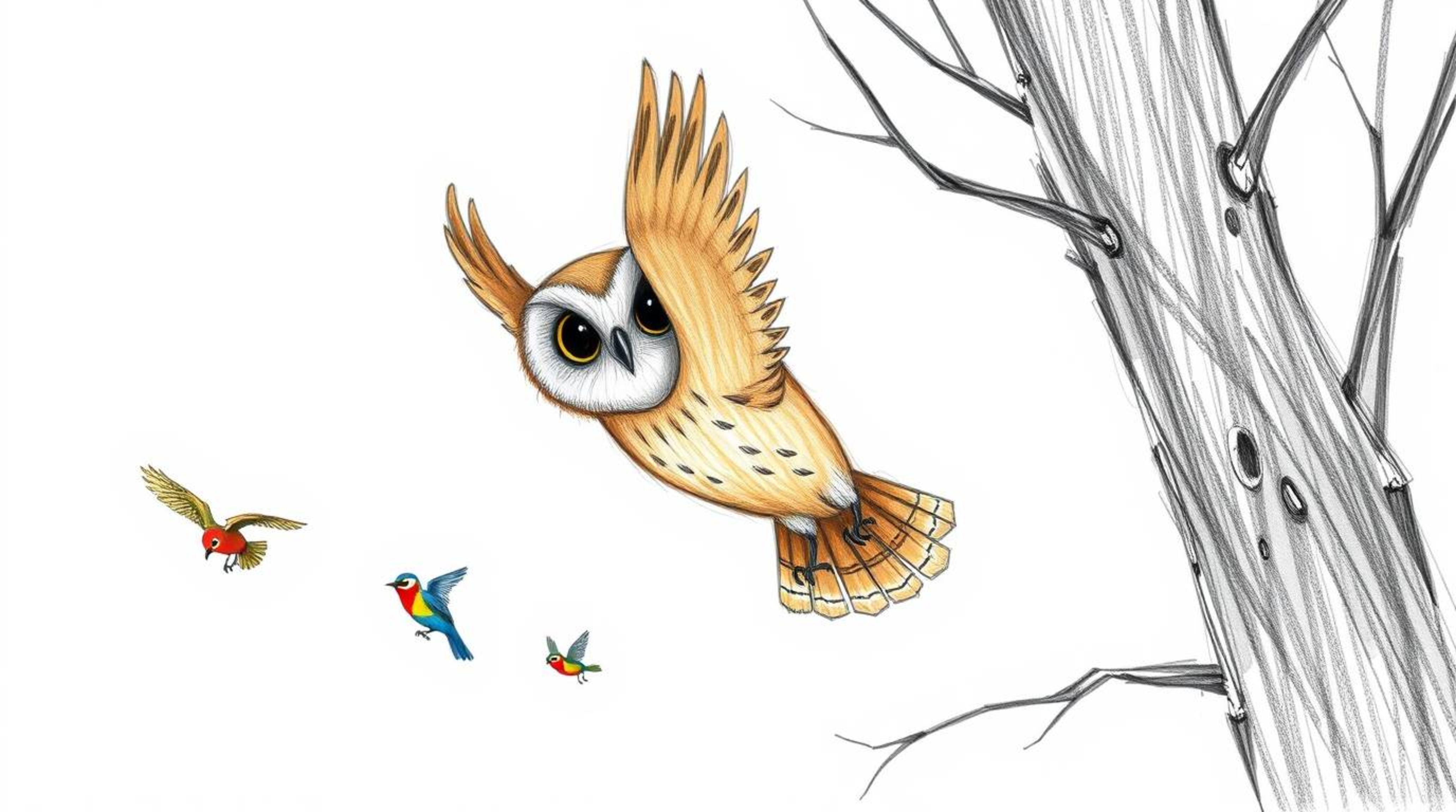 A Pixar-style hand-drawn sketch depicts a blind owl with light brown feathers gracefully gliding between trees, followed by s