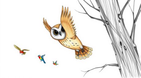 A Pixar-style hand-drawn sketch depicts a blind owl with light brown feathers gracefully gliding between trees, followed by s