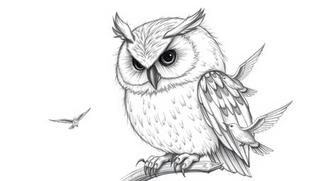 A serene and wise blind owl, rendered in a hand-drawn, textured pencil sketch reminiscent of Pixar's style, teaches birds to 