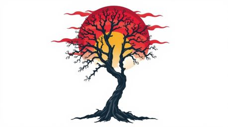 A captivating depiction of a solitary tree silhouetted against a dramatic, stormy sunset, rendered in a retro ornamental styl