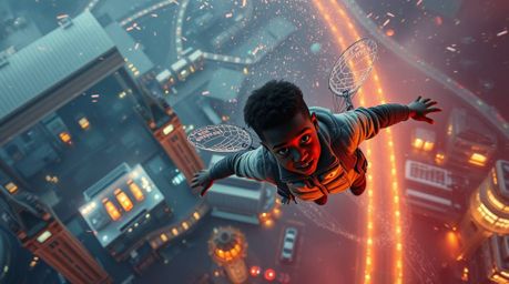 A surreal and futuristic sci-fi masterpiece showcasing a young boy with dark skin gracefully flying above London, propelled b