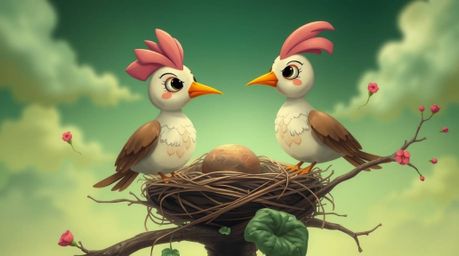 Experience a dreamlike world where two cartoon birds with refined features meticulously construct a nest in a classic animati