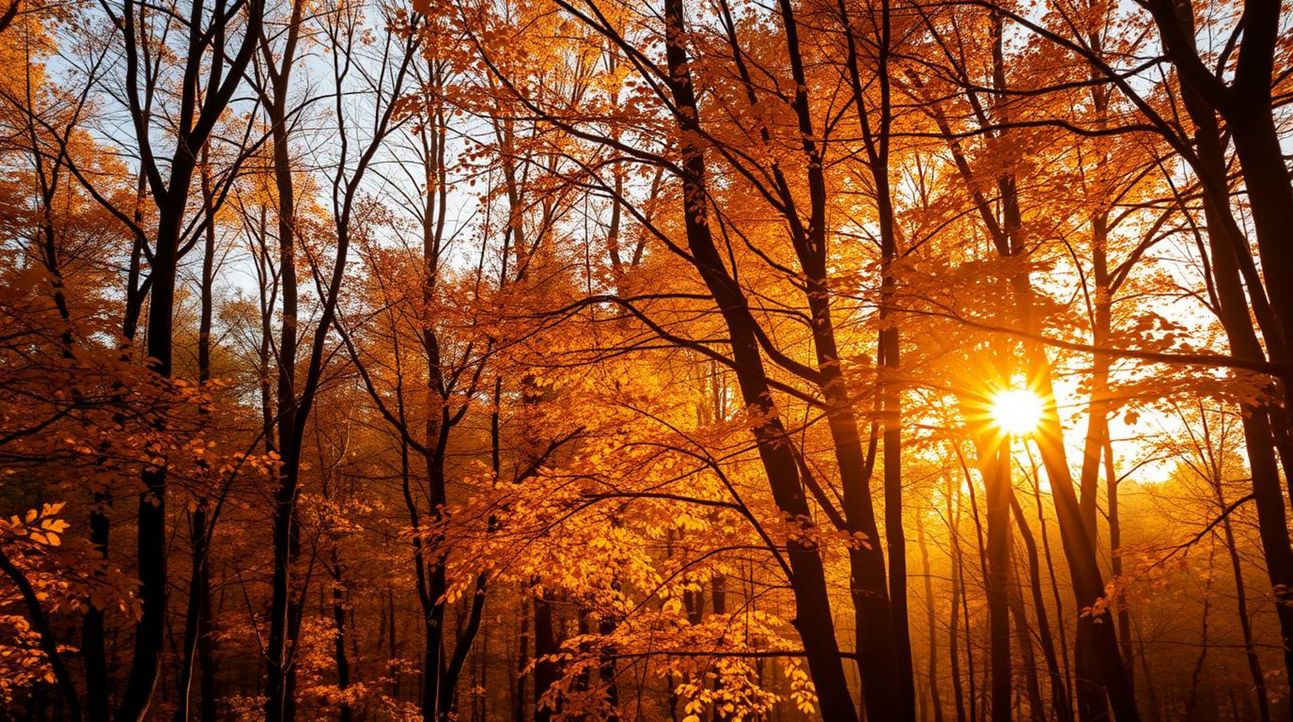 A captivating photograph showcases a breathtaking autumn forest bathed in the warm, golden light of sunrise or sunset.  Radia