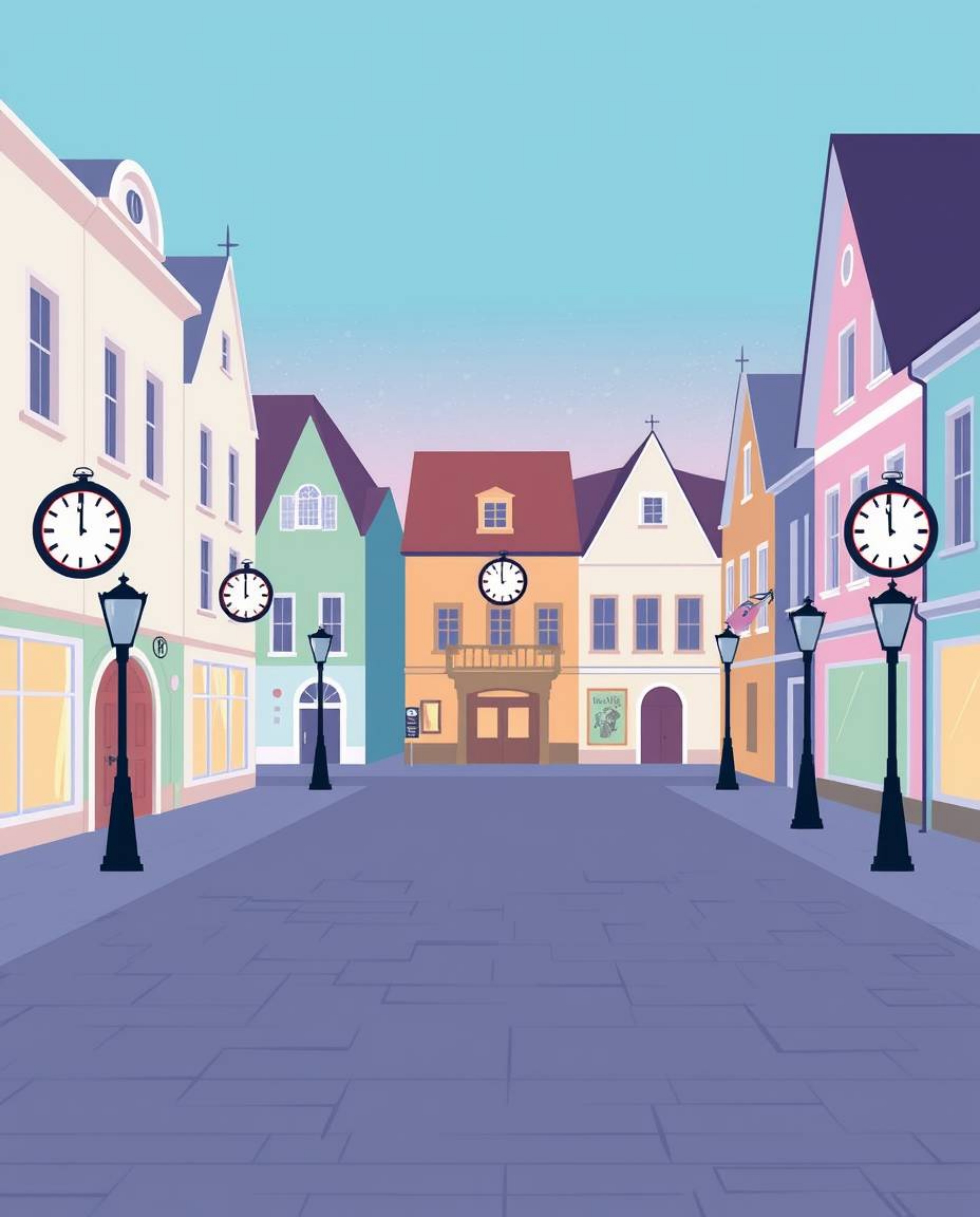This digitally painted image depicts a serene yet unsettling empty town square, characterized by ticking clocks and a distinc