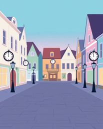 This digitally painted image depicts a serene yet unsettling empty town square, characterized by ticking clocks and a distinc