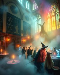 Immerse yourself in a dreamlike atmosphere, a magical school filled with young wizards radiating an ethereal spiritual vibe. 
