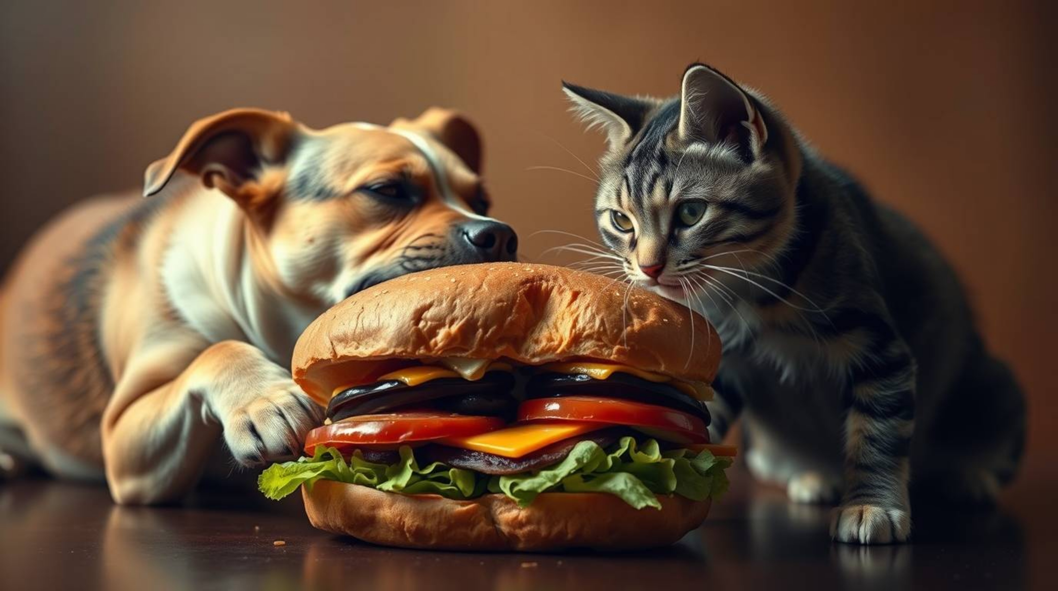 A captivating editorial photograph showcases a humorous and chaotic scene: a dog and a cat locked in a battle for a large san