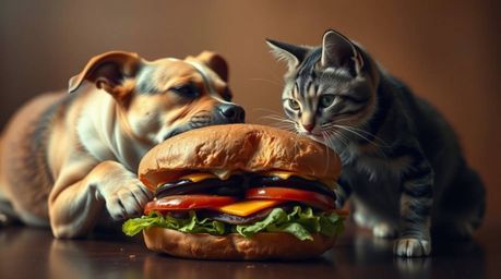 A captivating editorial photograph showcases a humorous and chaotic scene: a dog and a cat locked in a battle for a large san