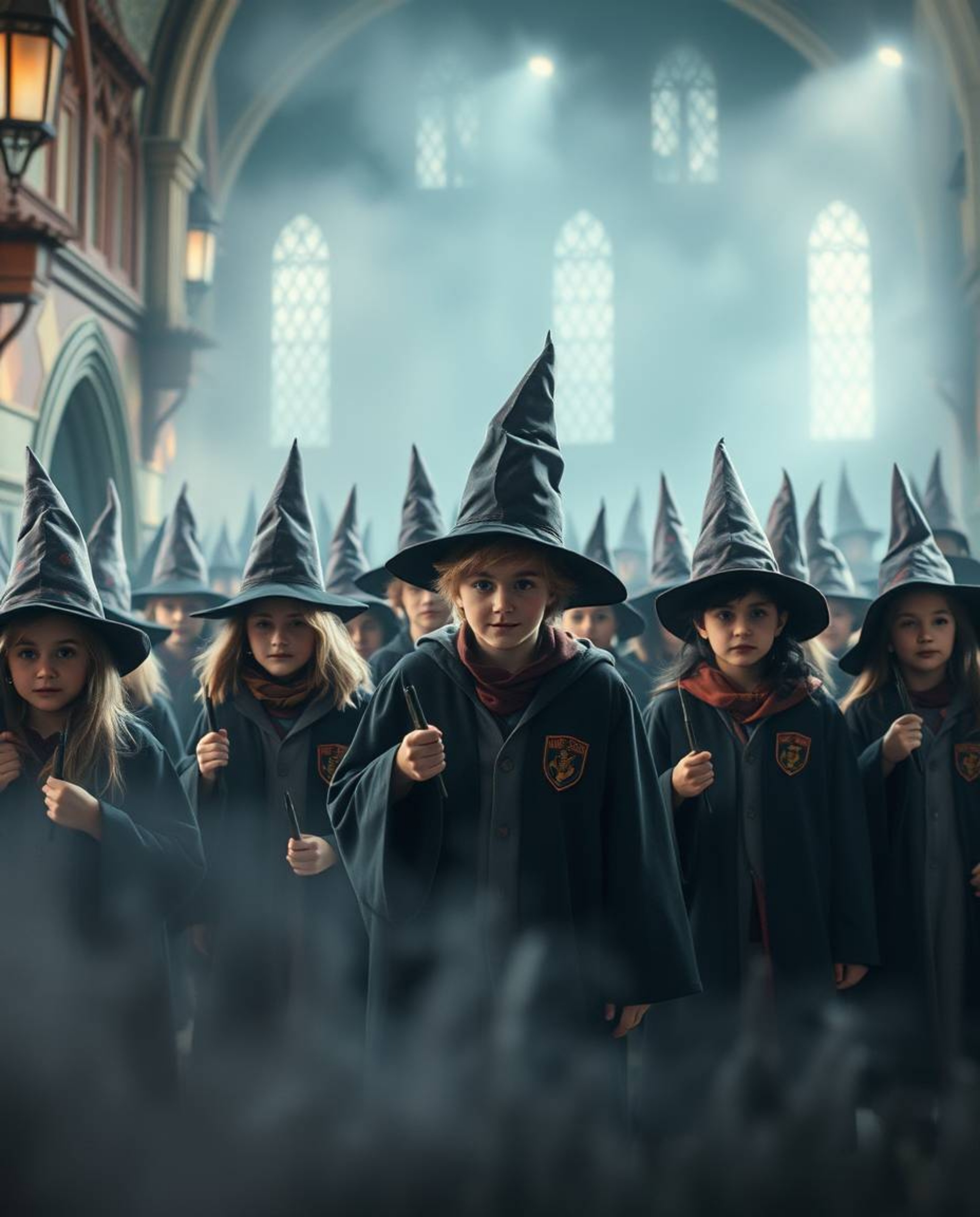 Discover a captivating image of a magical school brimming with young wizards.  Rendered with a soft cinematic haze and a drea