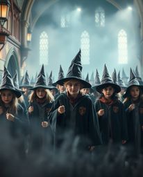 Discover a captivating image of a magical school brimming with young wizards.  Rendered with a soft cinematic haze and a drea