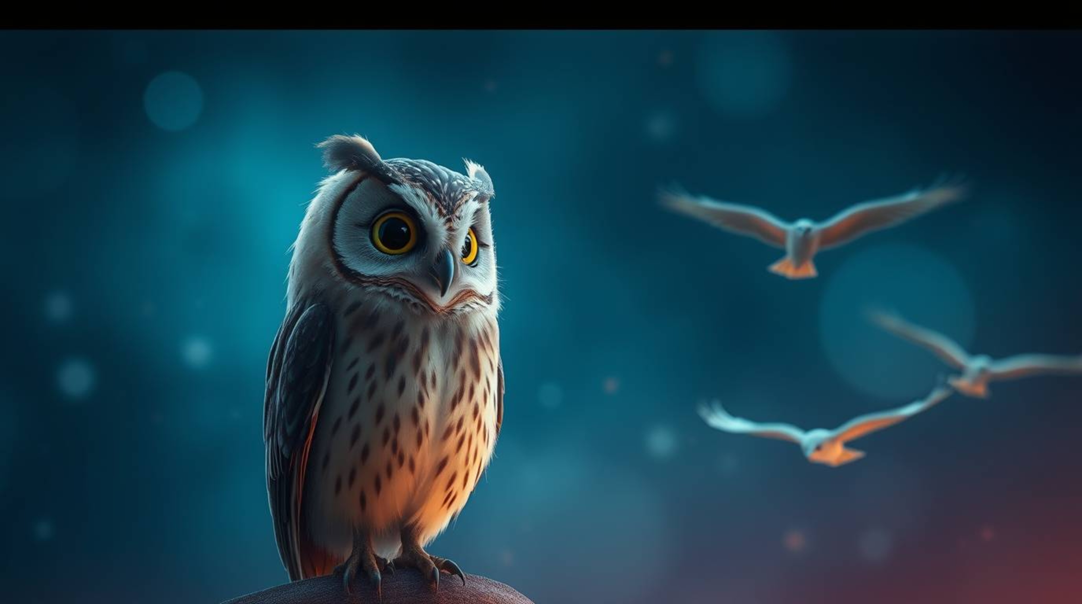 A cinematic, long-exposure photograph captures a wise, blind owl in the style of Pixar animation. With soft brown feathers an
