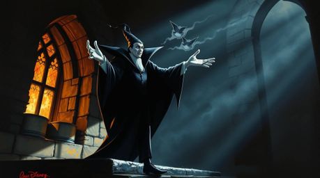 A dramatic chiaroscuro painting depicts a classic Disney villain casting a powerful spell within the confines of an old, impo