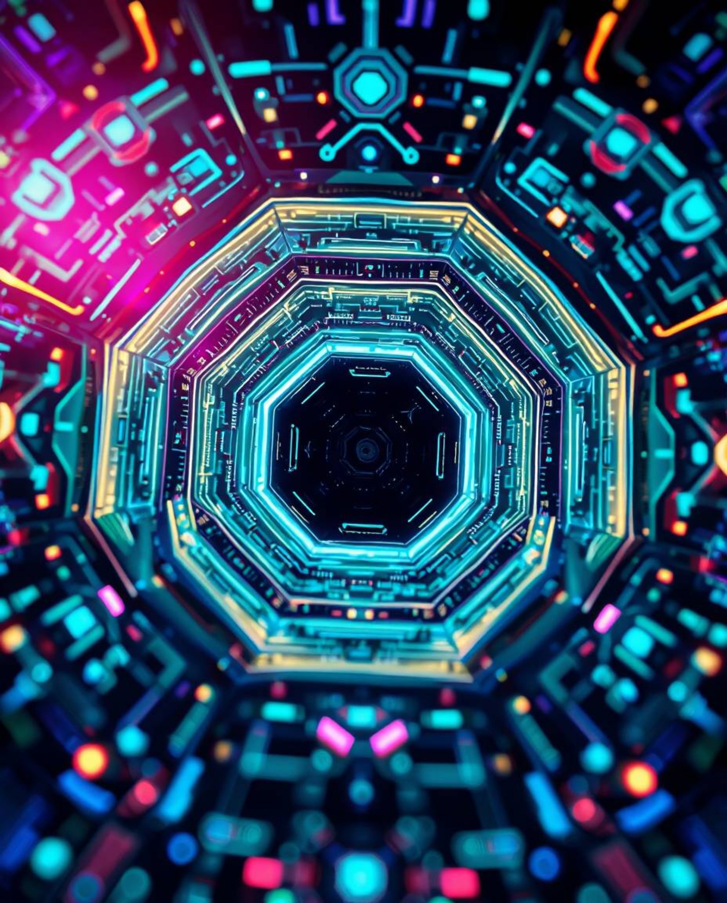 Immerse yourself in a low-angle perspective of a futuristic digital interface, featuring captivating geometric patterns and a