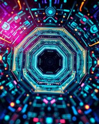Immerse yourself in a low-angle perspective of a futuristic digital interface, featuring captivating geometric patterns and a