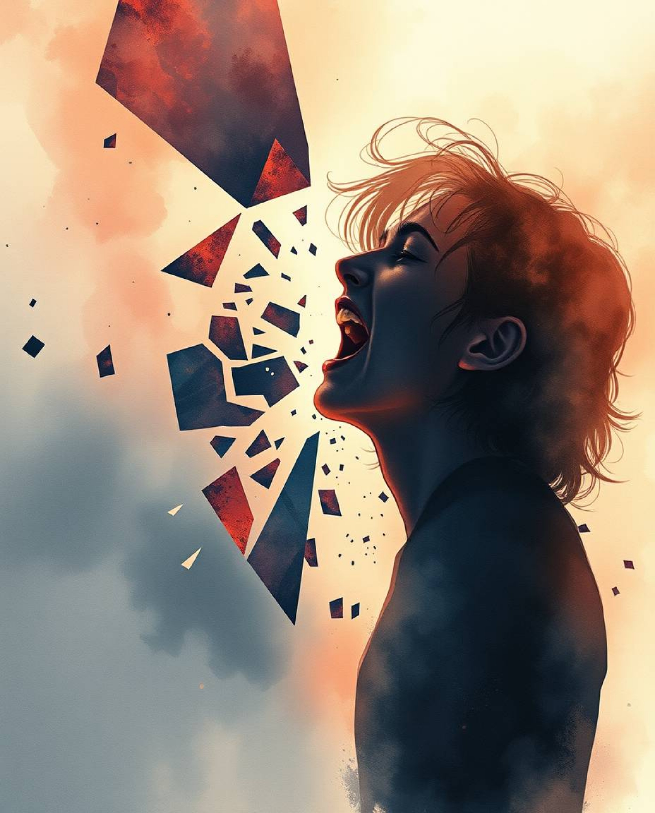 A captivating digital artwork depicting a person screaming as the world around them dissolves into delicate watercolor pixels