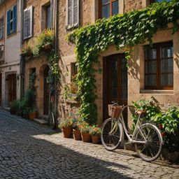 Explore a charming European alleyway scene featuring ivy-covered stone walls, vibrant flower boxes adorning windows, and a cl