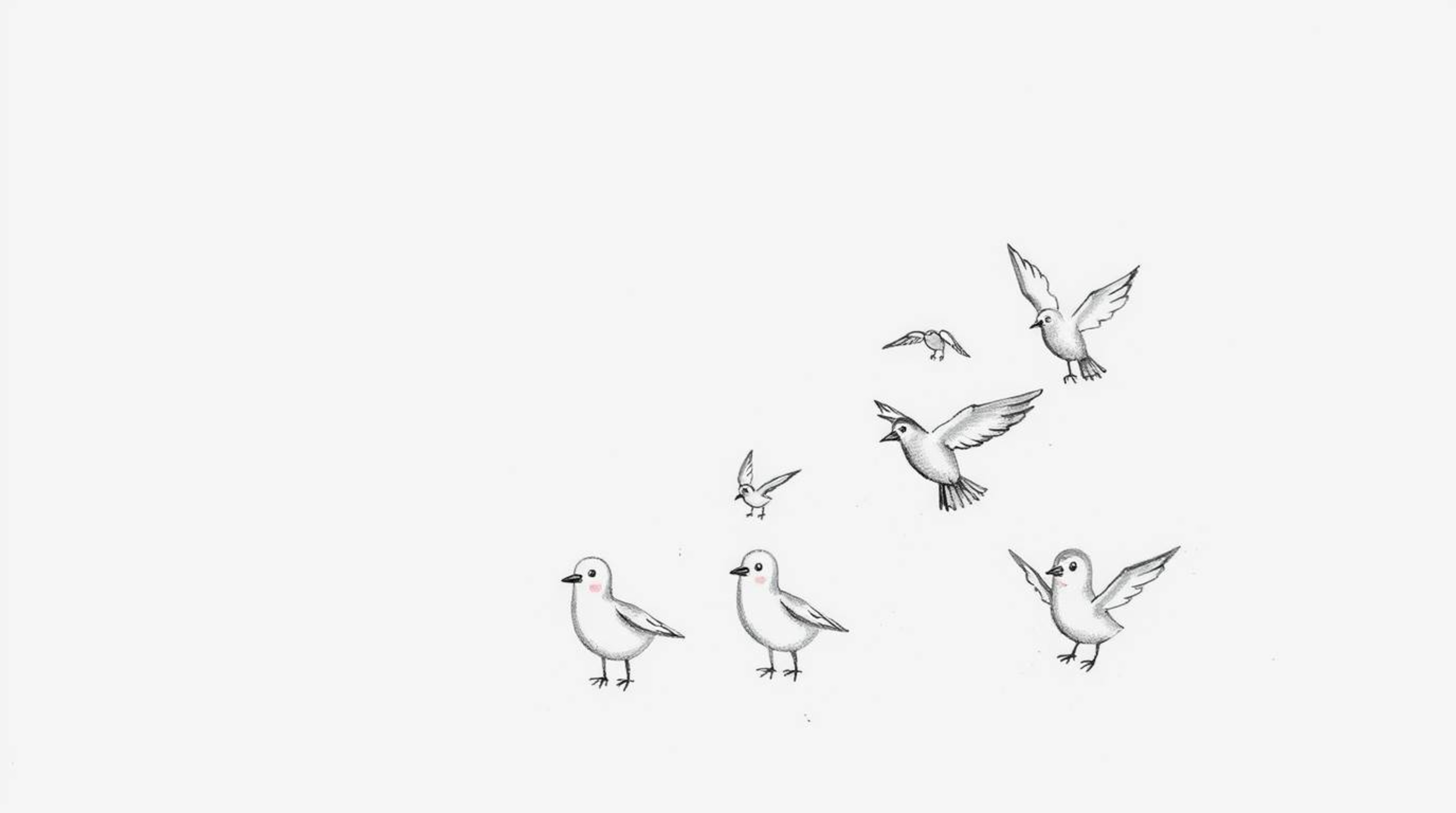 A heartwarming, hand-drawn sketch in the style of Pixar, depicting a blind owl with expressive wrinkles guiding a flock of sm