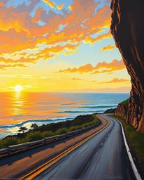 This is a tight close-up oil painting of a sunset sky over a winding coastal highway, executed in a classic style. The artwor