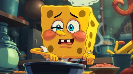 A charming sponge character with expressive features cooks up a culinary storm in a vibrant underwater kitchen, rendered in t