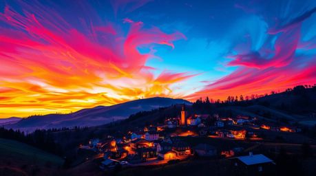 Discover a charming digital artwork depicting distinct sections of a cozy village nestled in a vibrant valley under a colorfu