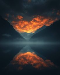 With an ethereal and spiritual vibe, this image depicts the reflections of fiery clouds in a mountain lake, characterized by 