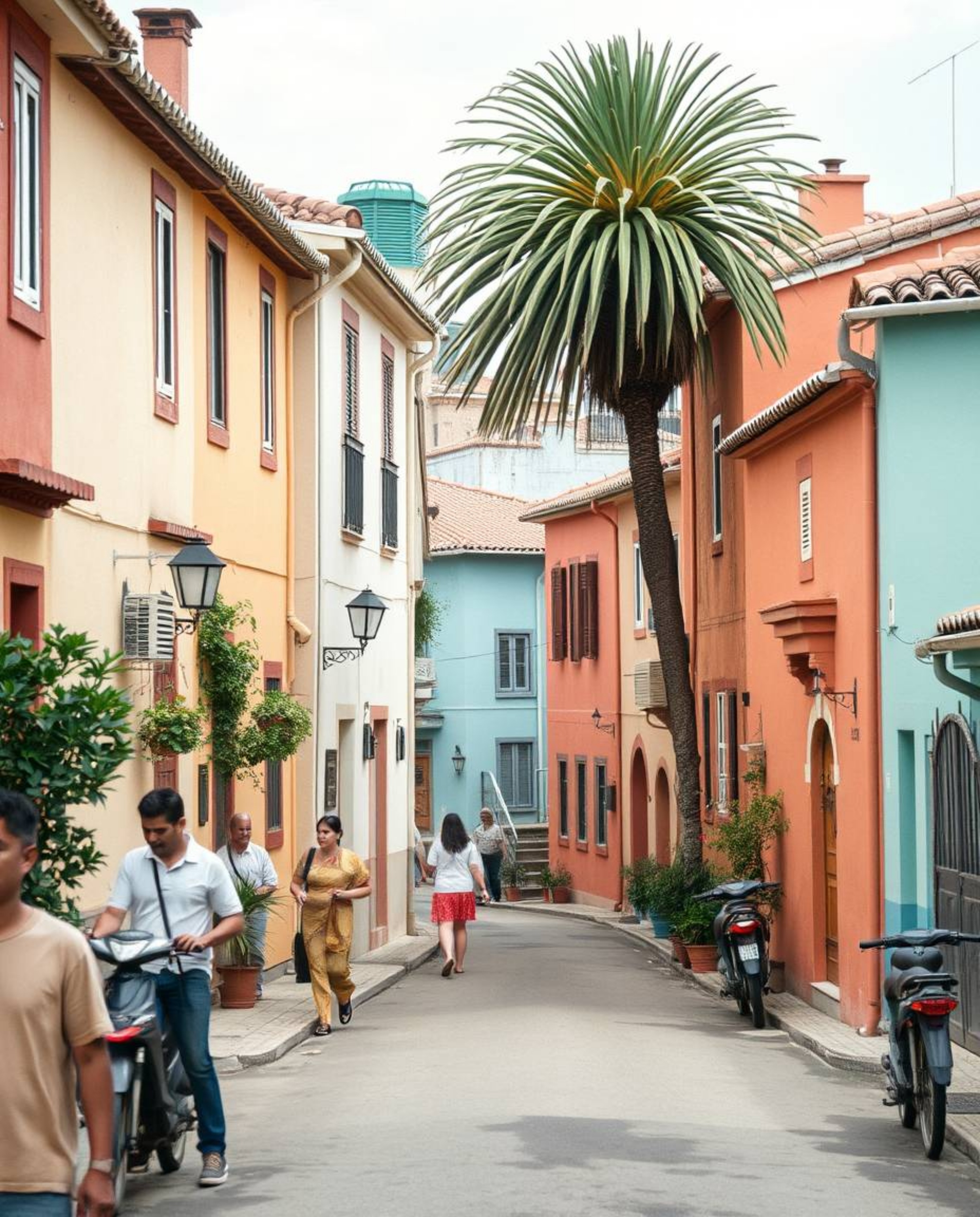 Capture the essence of candid street photography in a sleepy town, visualized with a watercolor style. Pastel-colored houses,