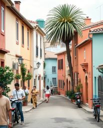 Capture the essence of candid street photography in a sleepy town, visualized with a watercolor style. Pastel-colored houses,