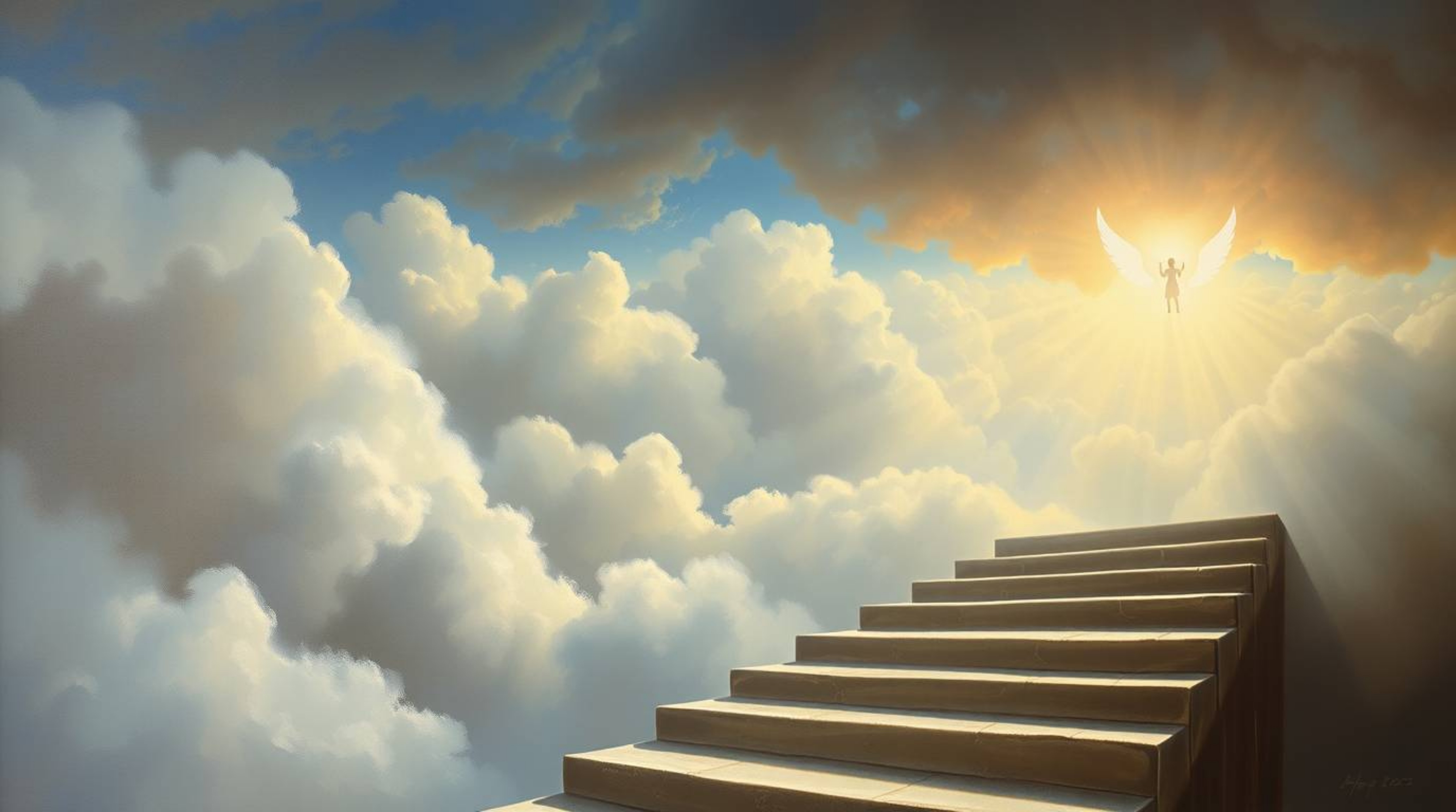 A classic oil painting rendered from a high-angle perspective depicts steps of light gracefully ascending into a cloudy sky, 