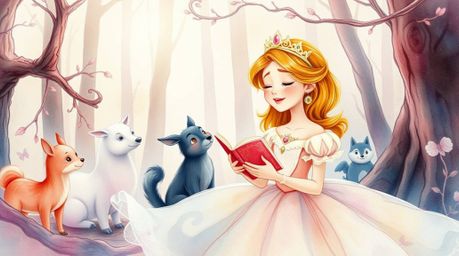 A captivating watercolor painting brings to life a princess harmonizing with forest creatures in a nostalgic 2D animation sty