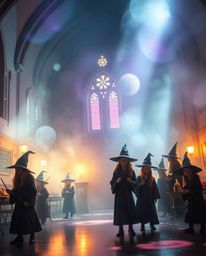 This creative light art piece depicts a magical school teeming with young wizards, employing smooth gradient transitions, sof