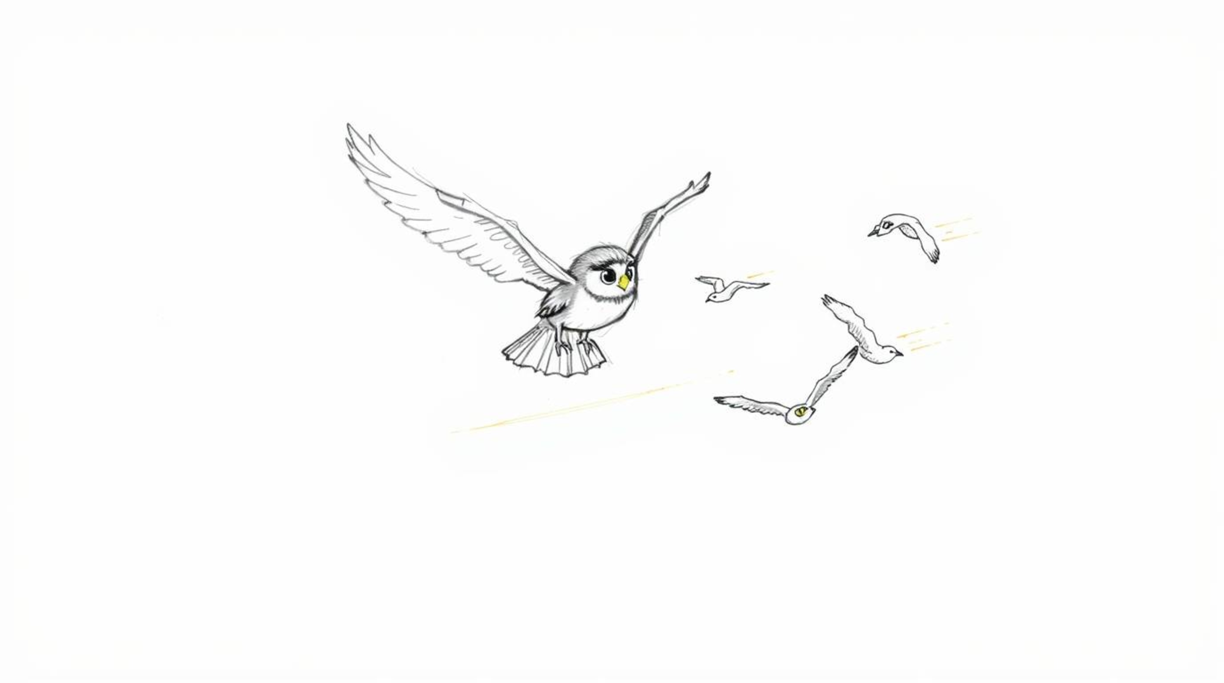 A hand-drawn sketch in the style of Pixar shows a blind owl mid-flight, teaching several birds how to fly. The owl and birds 