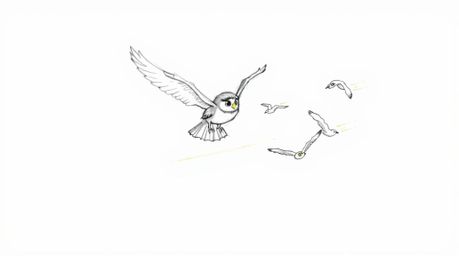 A hand-drawn sketch in the style of Pixar shows a blind owl mid-flight, teaching several birds how to fly. The owl and birds 