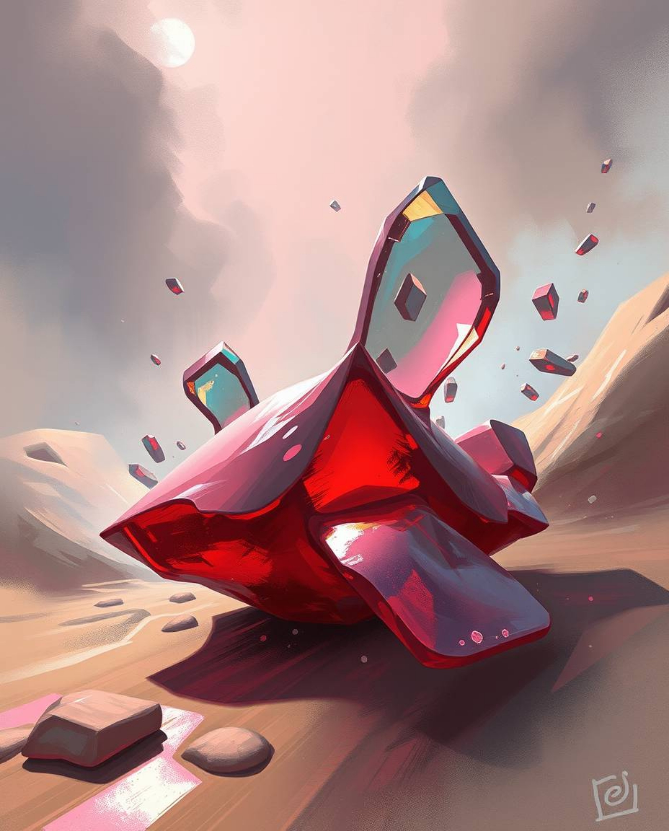 This digital sketch showcases surreal 3D shapes resembling melted glass within a captivating sci-fi environment.  Dynamic mot