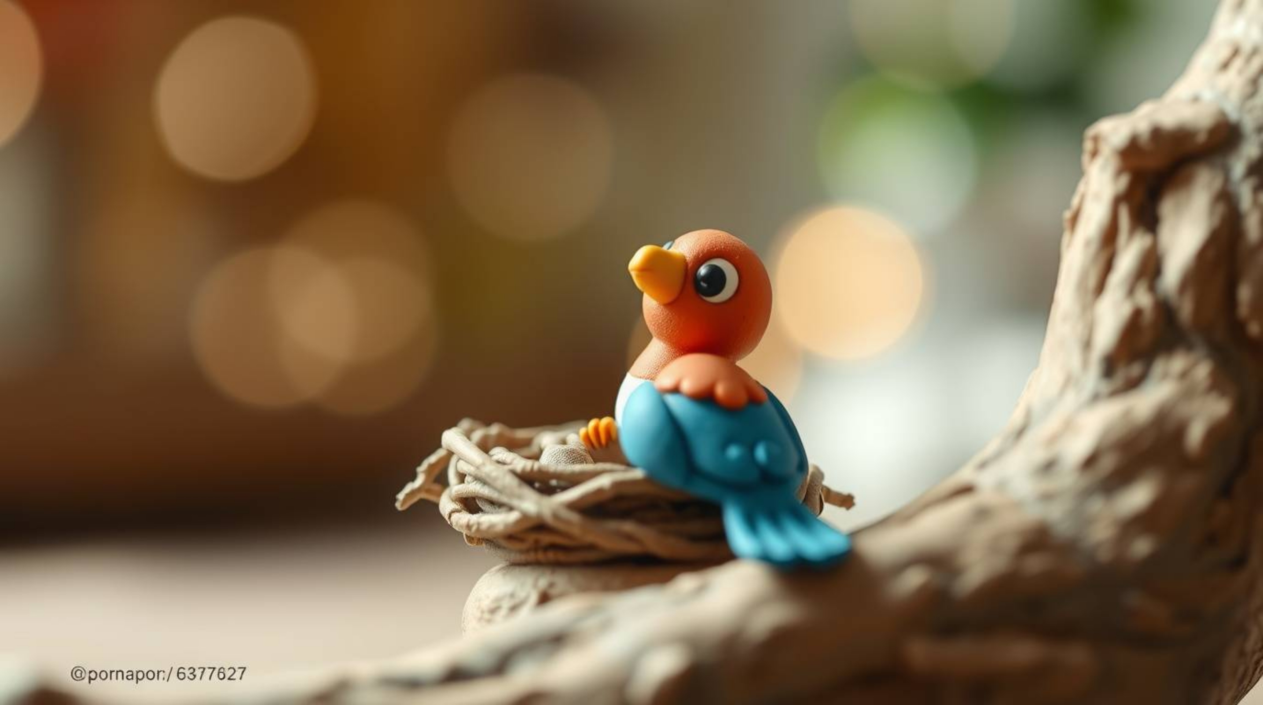 Delightful clay animation featuring two cartoon birds meticulously constructing a nest. The image boasts a classic animation