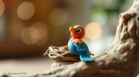 Delightful clay animation featuring two cartoon birds meticulously constructing a nest.  The image boasts a classic animation