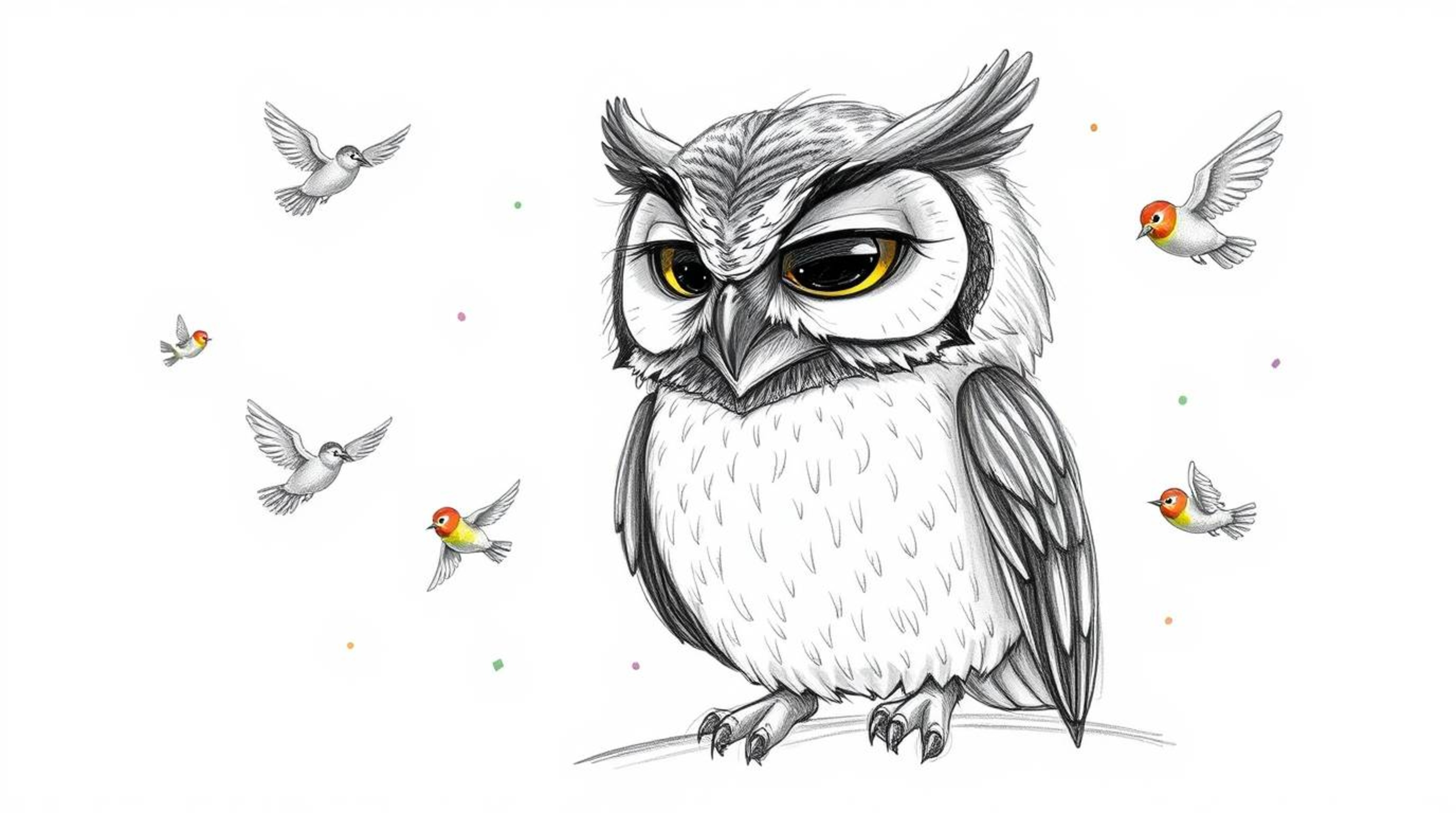 A Pixar-inspired hand-drawn sketch featuring a serene, blind owl with detailed feathers as the central figure. The owl is sur