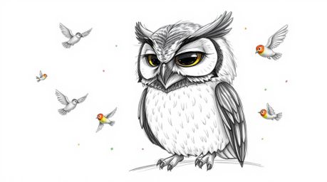 A Pixar-inspired hand-drawn sketch featuring a serene, blind owl with detailed feathers as the central figure. The owl is sur