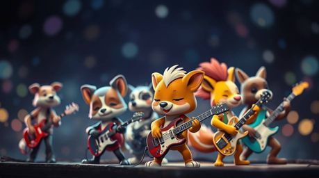 Experience a captivating visual journey featuring a cartoon band of rockin' animals. Rendered in a surreal, dreamlike style w